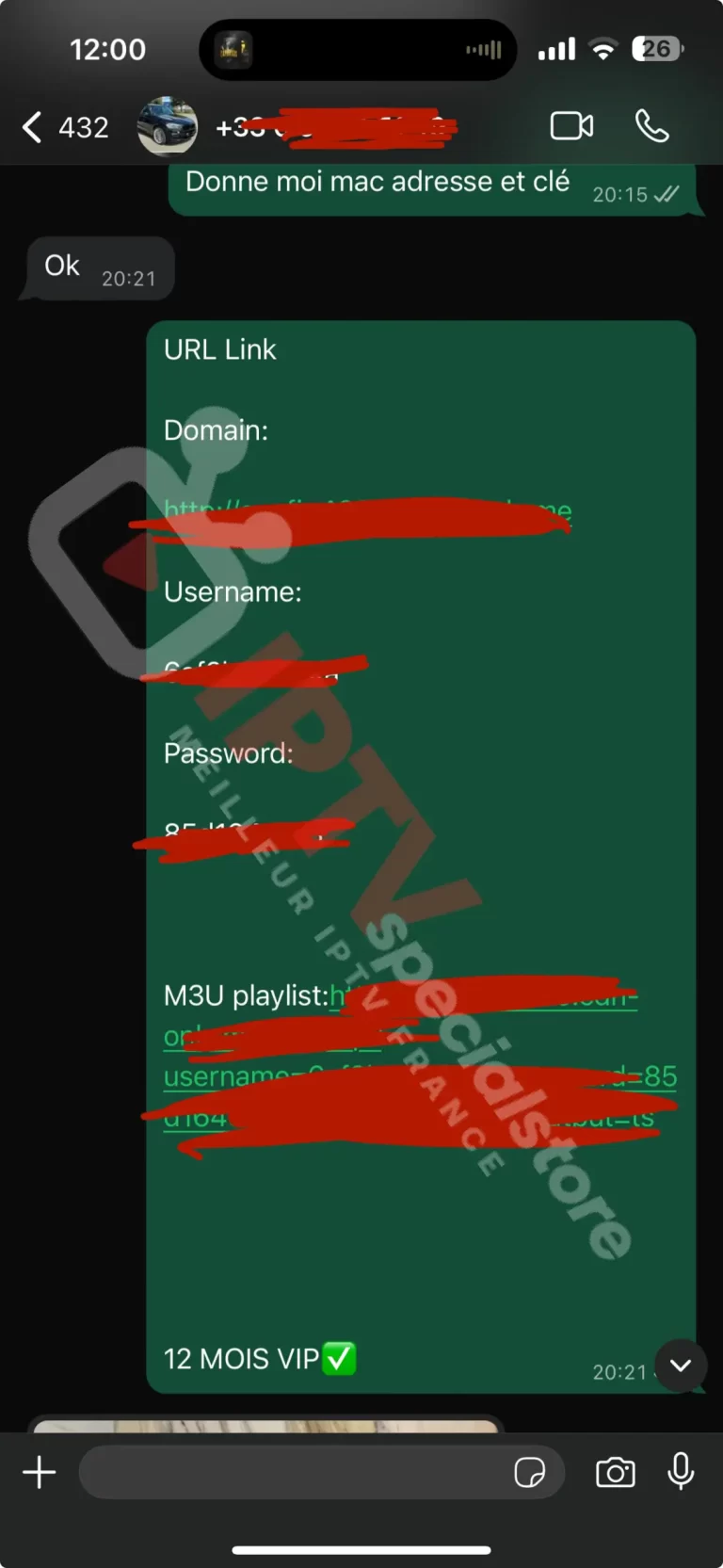 activation abonnement IPTV 12 mois VIP par adresse MAC et envoi du lien M3U playlist par support client