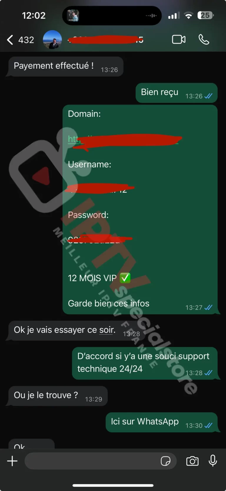 screenshot whatsapp client confirmation paiement et envoi codes IPTV abonnement 12 mois VIP avec support 24/24