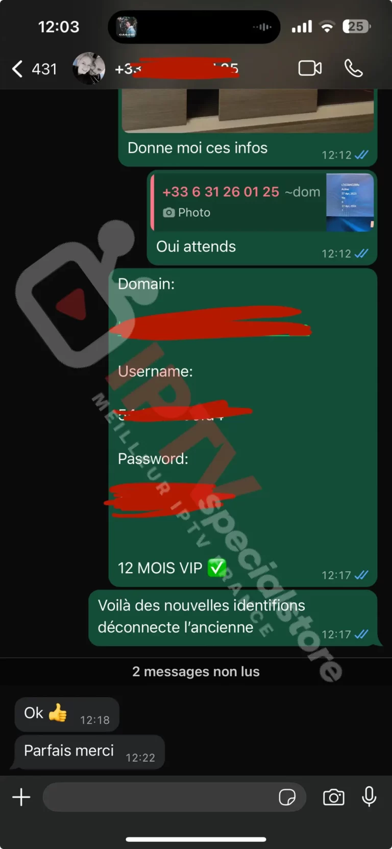 témoignage client satisfait après activation abonnement IPTV 12 mois VIP et envoi de nouveaux identifiants